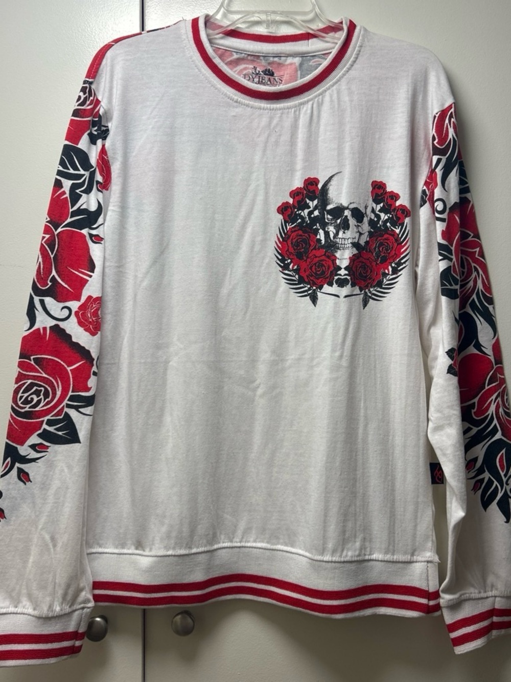 Skull & Rose Long Sleeve Crewneck Sweatshirt - White/Red
